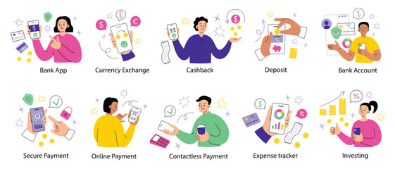 Banking and finance scenes, online payment and bank account compositions, hand drawn collection of people using mobile bank, vector illustrations of online deposit, cashback service, cashless payment