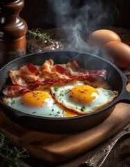 Eggs and bacon cooked in a cast iron pan in a rustic setting