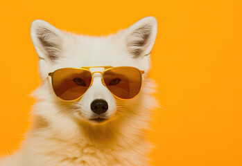 Portrait of an Arctic fox. Close-up of an Arctic fox wearing dark glasses. Anthopomorphic creature. A fictional character for advertising and marketing. Humorous character for graphic design.