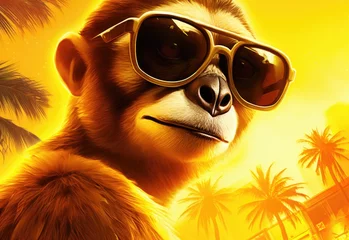 Deurstickers Gibbon wearing dark sunglasses. Portrait of a gibbon. Anthopomorphic creature. Fictional character for advertising and marketing. Humorous character for graphic design. © Login