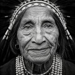Portrait of a 100 year old Native American lady still smiling after 100 years