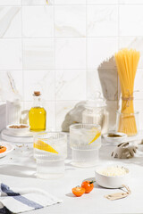 Fototapeta na wymiar Ingredients for making spaghetti pasta