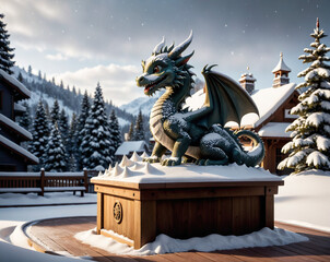 sculpture of a dragon on a pedestal against the backdrop of a winter forest, symbol of the year. Generated AI