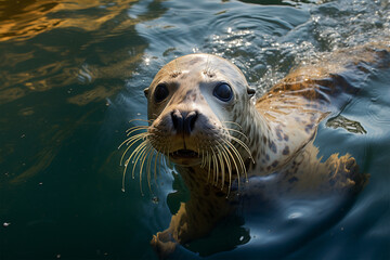 Nerpa seals swim in the pool at Six Flags Discovery - obrazy, fototapety, plakaty