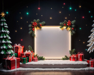 New Year empty frame with Christmas decorations, balls, gifts, neon lights, fir trees, stars and gifts. Copy space for text. Generated AI