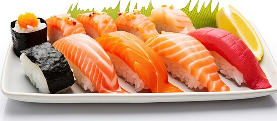 In a visually striking image against a white background, a plate of healthy Japanese sushi is elegantly presented, featuring fresh fish from the sea, white rice, and vibrant accents of black, orange