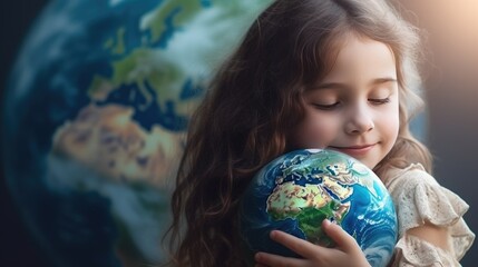 A young child girl hugging a planet earth model