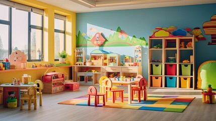 A vibrant and colorful children's playroom in a daycare center