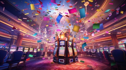 Jackpot confetti explosion in a carnival-themed casino - obrazy, fototapety, plakaty