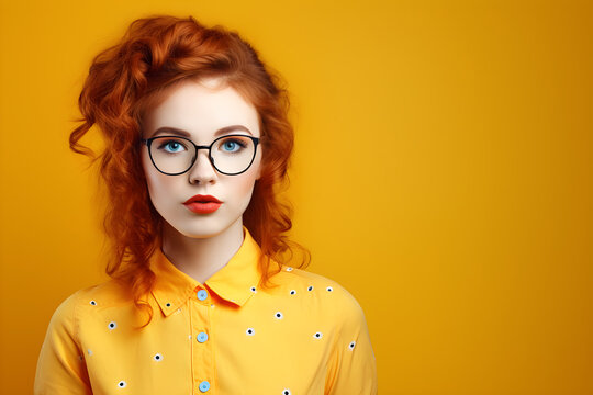 portrait of happy nerdy teen girl isolated on yellow background