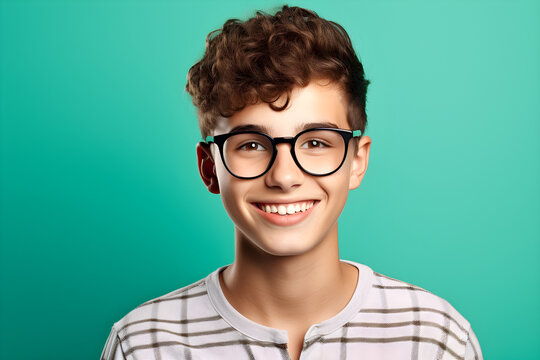 portrait of happy nerdy teen boy isolated on blue background