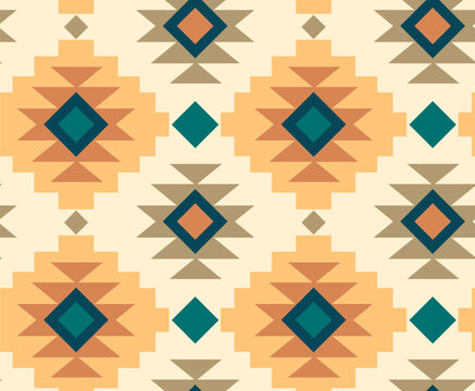 Ethnic geometric seamless pattern. Traditional aztec navajo ornament in blue, orange clors.Vector illustratoin.