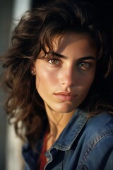 Fototapeta premium Portrait of a Spanish woman looking at camera. Film photo style