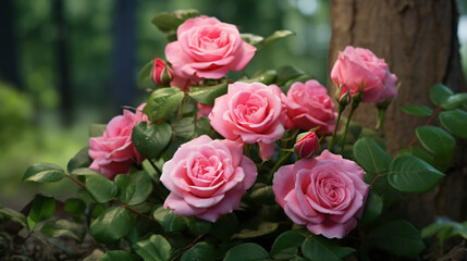 Pink roses in full bloom on a garden shrub. a rosebud