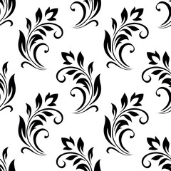 Vintage seamless plant pattern of black stylized stems, leaves, flowers and curls on white background. Retro style. Vector backdrop, texture for victorian wallpapers, wrapping paper, fabric
