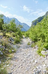 Fototapeta na wymiar The scenic hike to Theth Waterfall and the Blue Eye spring in Theth, Albania