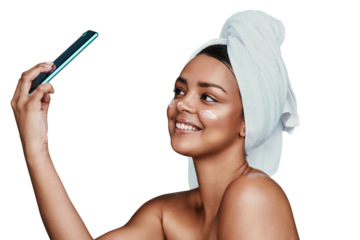 Selfie, skincare and cream with a woman in a towel isolated on a transparent background for hygiene. Beauty, bathroom and lotion with a young person on PNG for a photograph as a wellness influencer