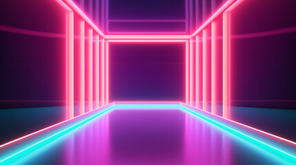 Neon tunnel with colored lights and shiny colors wall in futuristic background