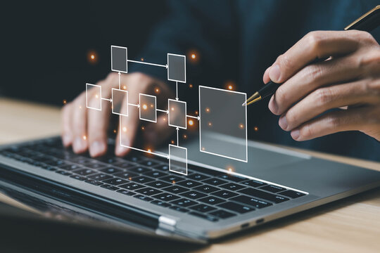 businessman using computer show organigram or diagram algorithm flow to design workflow automation with flowcharts and hierarchy scheme. Business process, model structure digital and data management