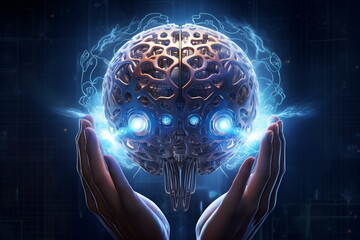 Close up of female hands holding digital human brain with blue glowing light