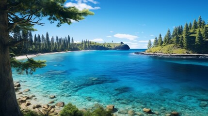 Fototapeta na wymiar A tropical paradise with a Norfolk Island Pine standing tall beside a pristine blue lagoon, inviting you to relax and enjoy the view.
