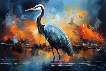 Heron Serenity in The Style of Abstract Expressionism. Creted with Generative AI Technology