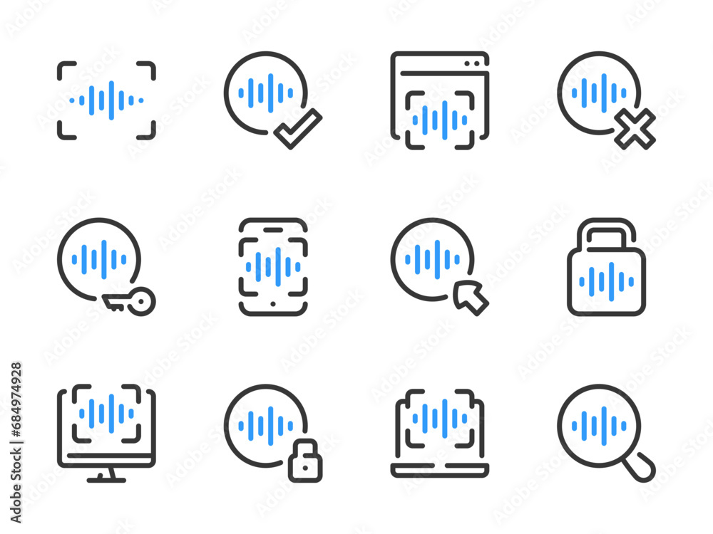 Poster voice recognition and sound scanning vector line icons. authentication and identification outline ic