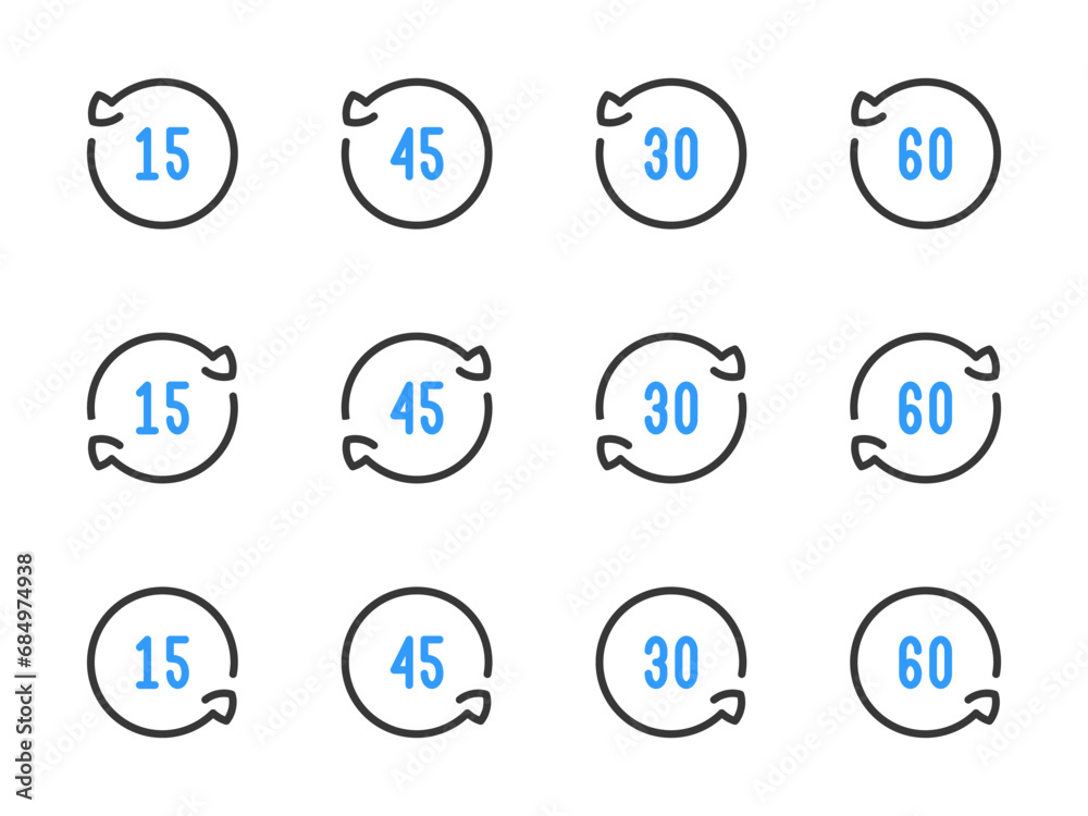 Poster rotate 15, 30, 45 and 60 degrees vector line icons. angle of rotation and rotating arrow with angle 