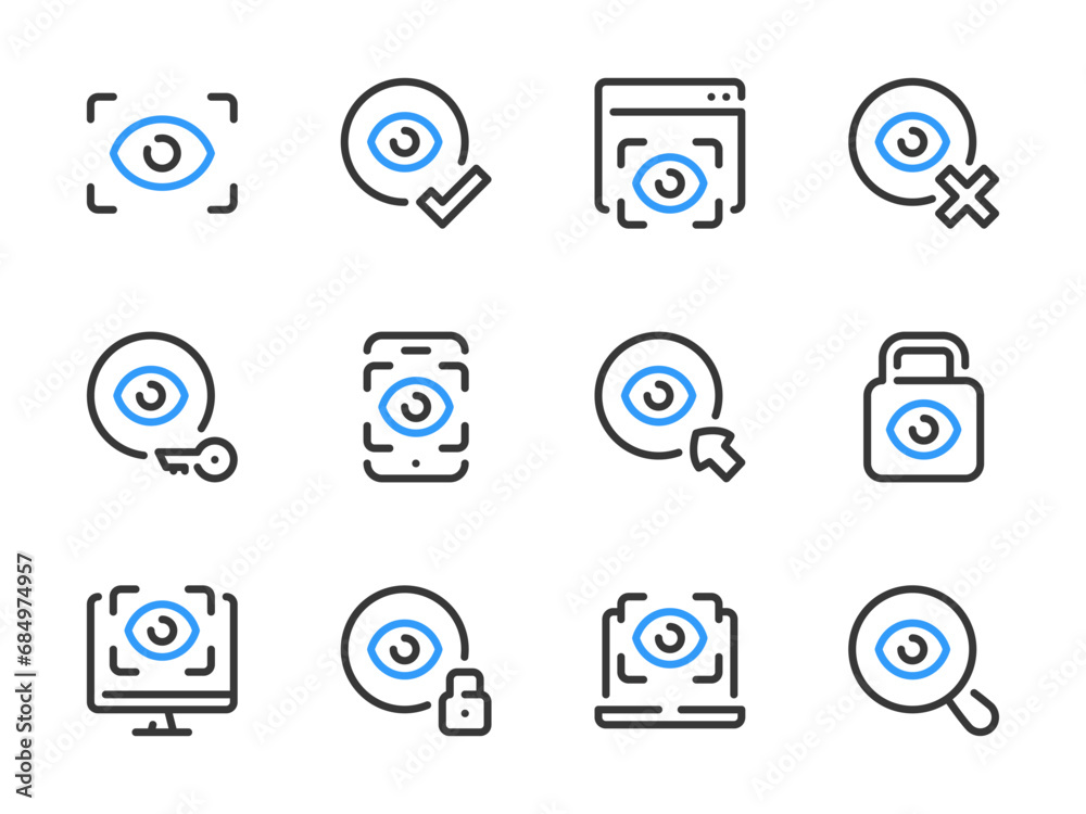 Poster eye scanning and retina recognition vector line icons. authentication and identification outline ico