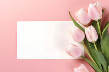Composition with blank card and beautiful flowers tulip on coloredbackground. top view with space for you desing. generative ai.