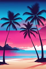 Foto op Canvas Sunset on a tropical beach with palm trees, 80s style. Generative AI © Sylvie Bird