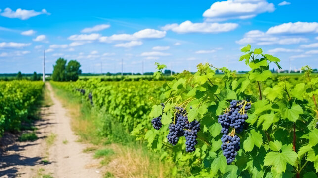 Scenic image of agrarian land with blackcurrant bush