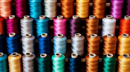 Threads in a tailor textile fabric background with colorful cotton threads of all colors