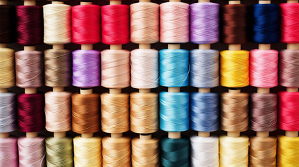 Threads in a tailor textile fabric background with colorful cotton threads of all colors