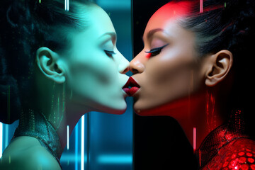 Two beautiful young woman models kissing, two girls facing each other with red and dark and light cyan kiss side view - obrazy, fototapety, plakaty