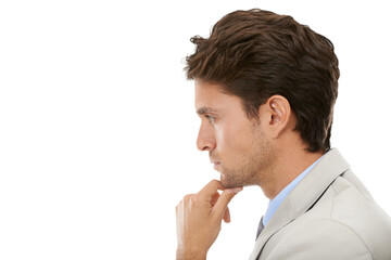 Business, man or thinking of ideas in profile of choice, problem solving or brainstorming isolated on transparent png background. Face of serious worker planning decision, solution or remember memory