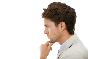 Business, man or thinking of ideas in profile of choice, problem solving or brainstorming isolated on transparent png background. Face of serious worker planning decision, solution or remember memory