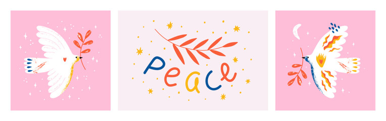 4 Postcards International Day Of Peace. Banners with dove, lettering. Banner, card with symbol of no war, world peace. Vector illustration.