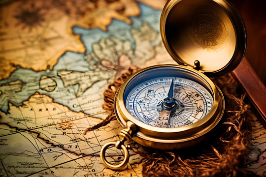 Old compass on vintage map. Adventure stories background. Retro style. generative ai.