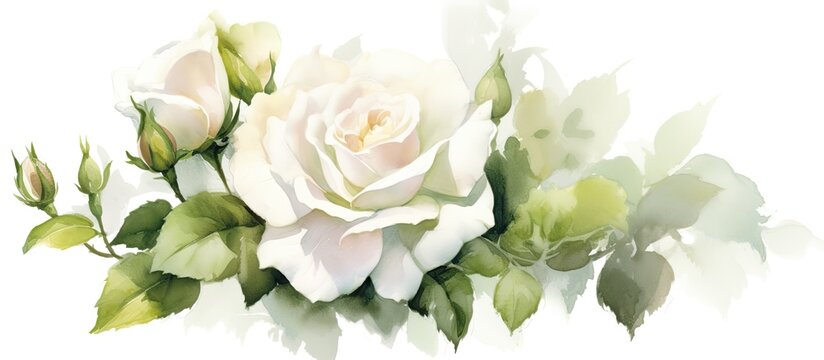 The vintage watercolor illustration of a white rose embodies the beauty of nature, adding a touch of elegance to an isolated summer wedding, where love blossoms like a delicate flower in a floral