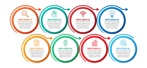 Business Infographic Design Template. minimal Timeline design with 8 steps, options and marketing icons. used as a system flow diagram, your business presentation