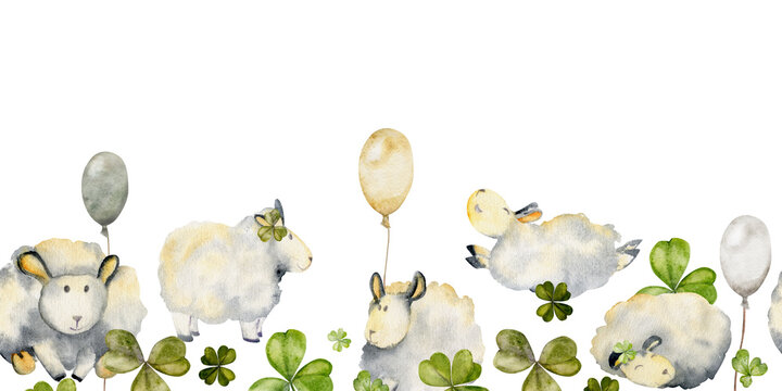 Watercolor hand drawn illustration, cute plush baby sheep with balloons, lucky green four-leaf clover field. Seamless border Isolated on white background. Kids, children bedroom, fabric, linens print