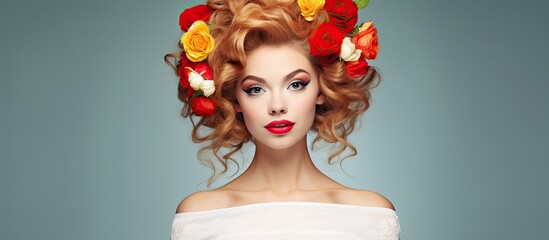 The young woman with beautiful hair and a cute smile adorned her white dress with colorful flowers, showcasing her fashion-forward Halloween look. Her makeup, including red cosmetics, perfectly