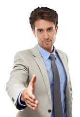 Business man, portrait and offer handshake for welcome, trust and introduction isolated on transparent png background. Corporate worker shaking hands for recruitment, HR partnership and b2b agreement