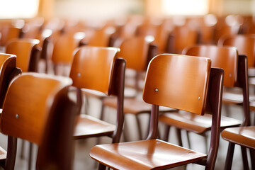 selective soft and blur focus.old wooden row lecture chairs in classroom in poor school.study room without student.concept for education. generative ai.