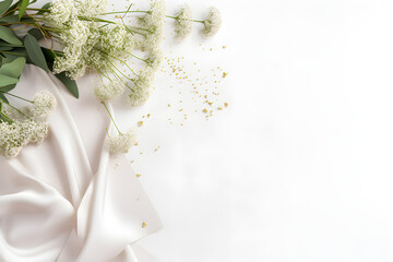 Styled stock photo. Feminine wedding desktop mockup with baby's breath Gypsophila flowers, dry green eucalyptus leaves, satin ribbon and white background. Empty space. Top view. Pictur. generative ai. - obrazy, fototapety, plakaty
