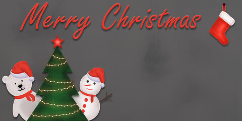 Fototapeta na wymiar Happy New Year and Merry Christmas. Greeting card, template, Christmas tree, snowman, bear, gifts and santa hat.