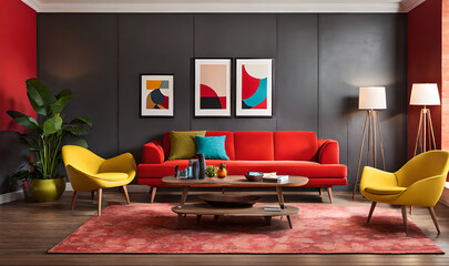 red sofa against red wall with shelf. Colorful vibrant pop art mid-century style home interior design of modern living room.