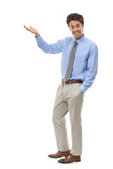 Portrait, businessman and smile for presentation with of offer, choice or decision with announcement. Corporate person, male manager and happy with message on isolated or transparent png background