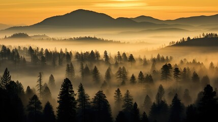 sunrise over a misty forest